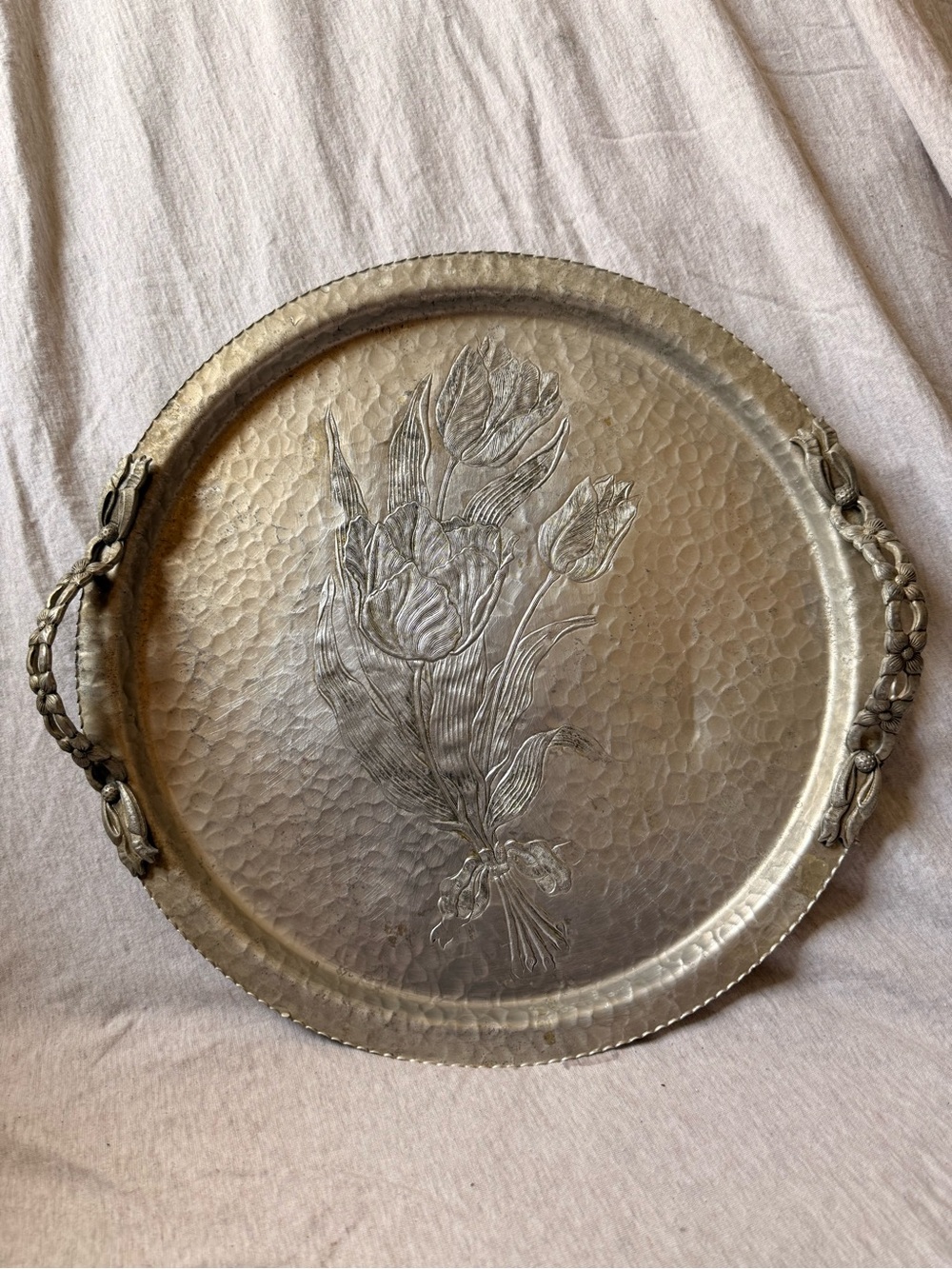 Rodney Kent Hand-Wrought Aluminum Floral Round Tray with Handles